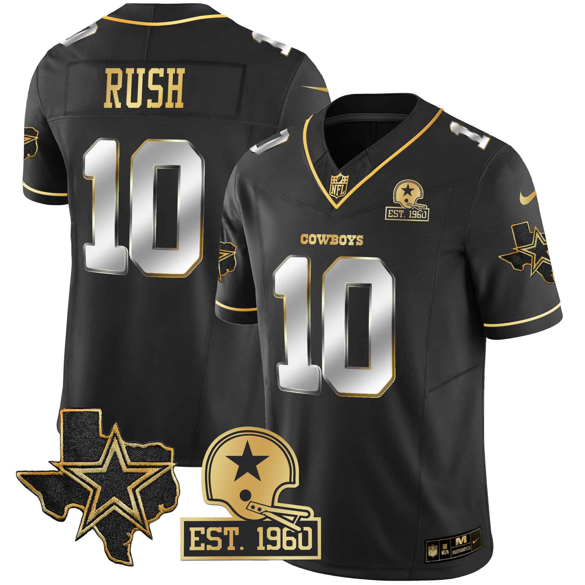 Men Dallas Cowboys #10 Rush Black Gold 2024 Nike Patch Vapor NFL Jersey style 2